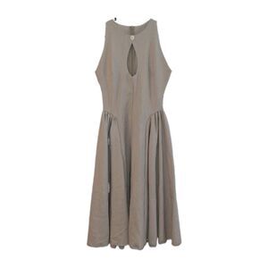 Taupe Keyhole Button Accent Ruched Skirt Midi A Line Dress Minimalist Clean Girl